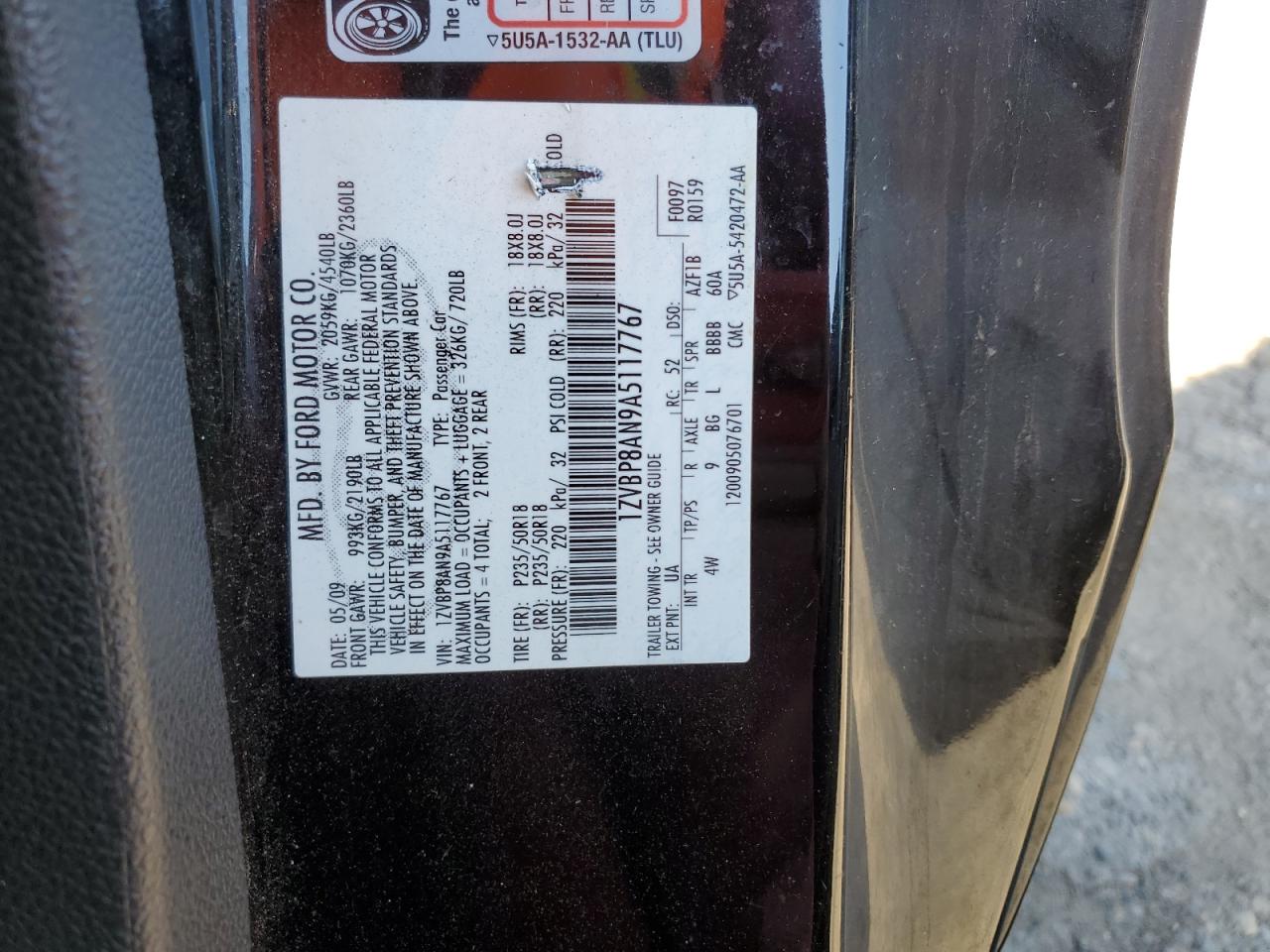2010 Ford Mustang VIN: 1ZVBP8AN9A5117767 Lot: 80802565