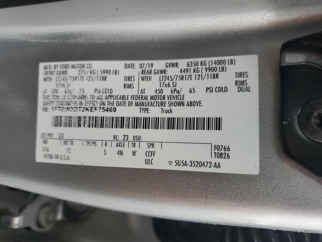 2019 Ford F350 Super Duty VIN: 1FT8W3DT2KEF75469 Lot: 89834765