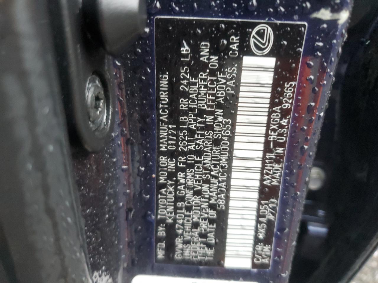 2021 Lexus Es 300H VIN: 58ADA1C13MU004653 Lot: 82255885