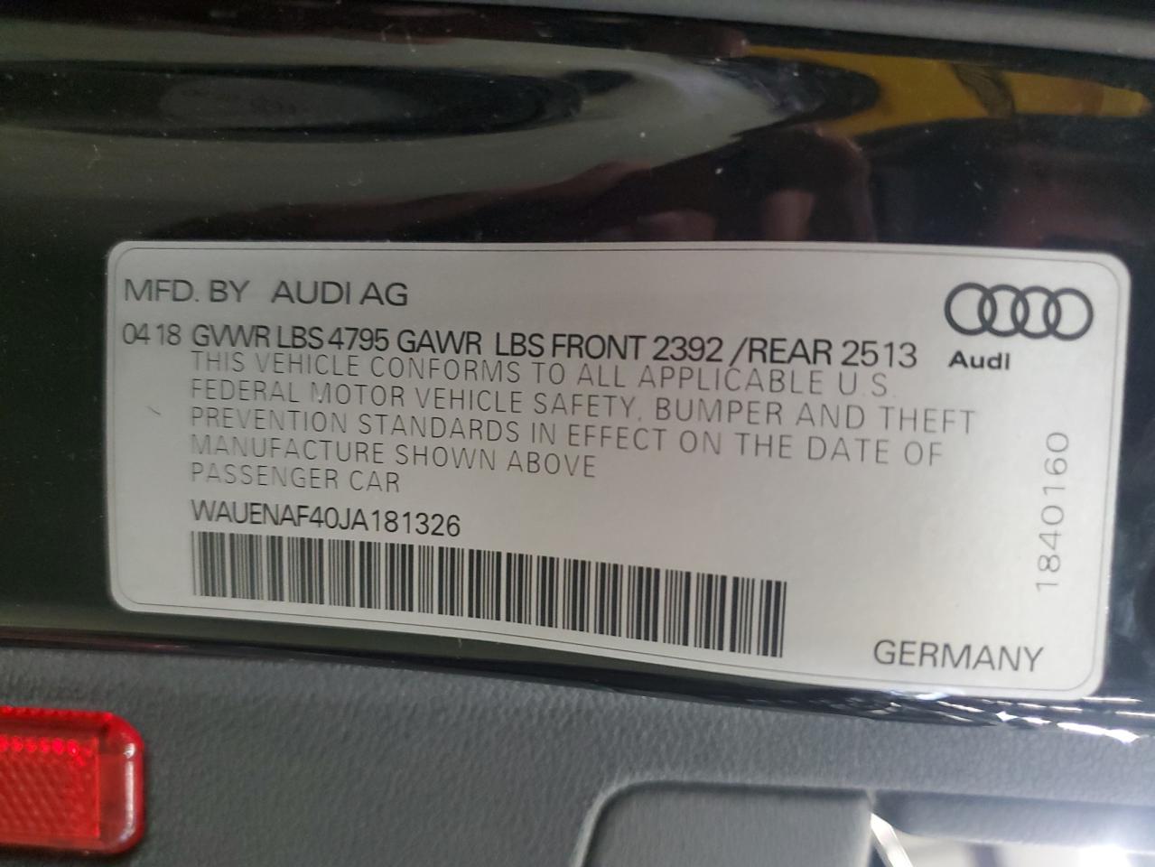 2018 Audi A4 Premium Plus VIN: WAUENAF40JA181326 Lot: 86449265