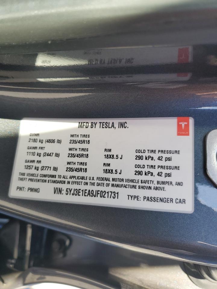 2018 Tesla Model 3 VIN: 5YJ3E1EA9JF021731 Lot: 85206375