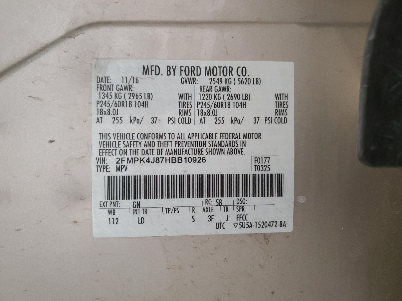 2017 Ford Edge Sel VIN: 2FMPK4J87HBB10926 Lot: 89853315