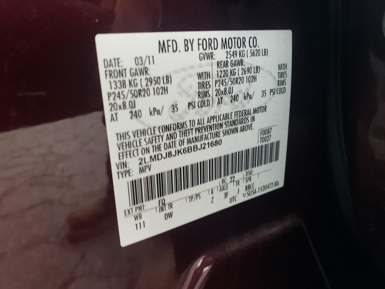 2011 Lincoln Mkx VIN: 2LMDJ8JK6BBJ21680 Lot: 82247705