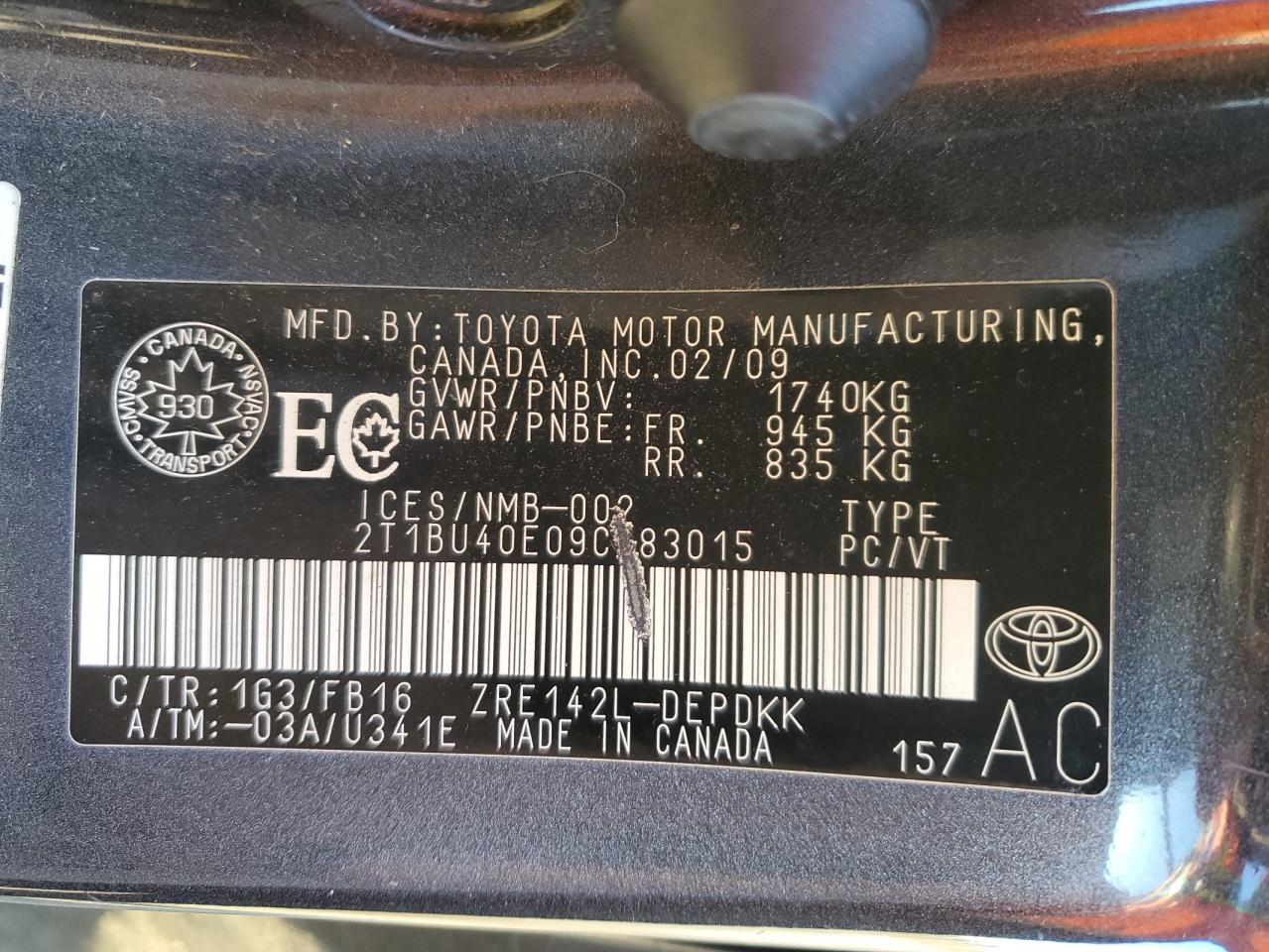 2009 Toyota Corolla Base VIN: 2T1BU40E09C183015 Lot: 87055605