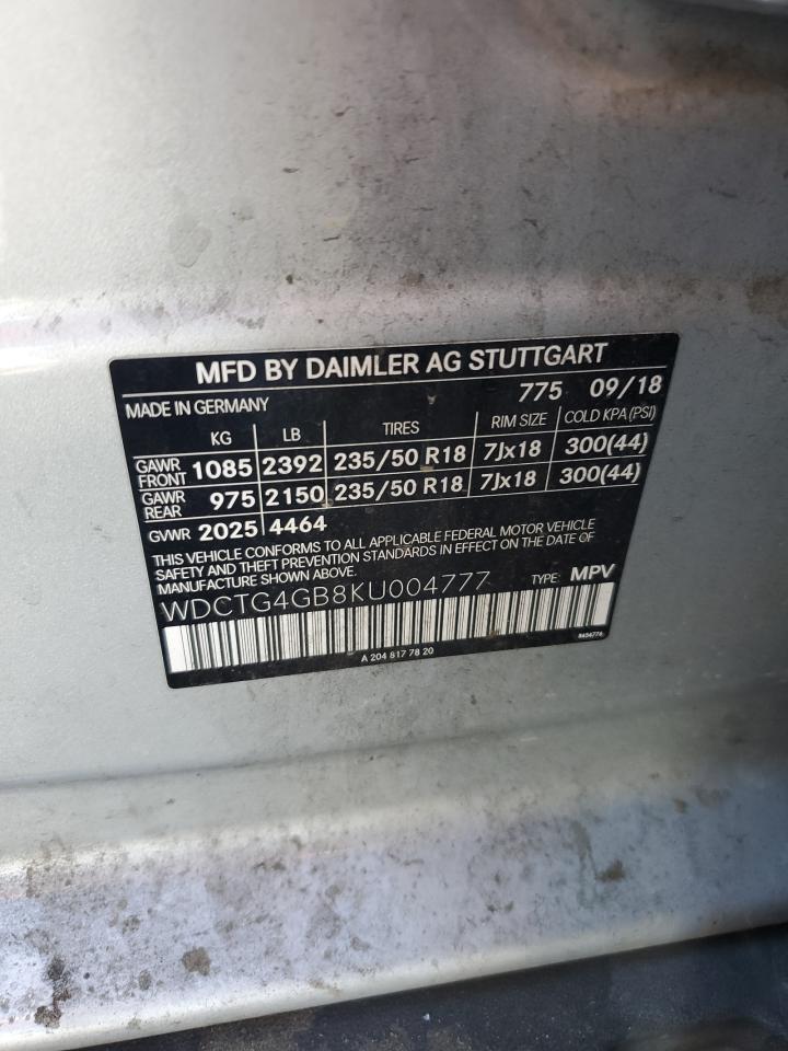 2019 Mercedes-Benz Gla 250 4Matic VIN: WDCTG4GB8KU004777 Lot: 87268015