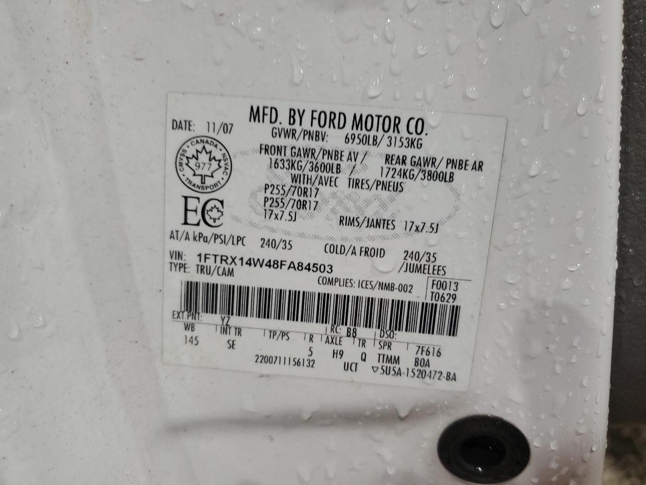 2008 Ford F150 VIN: 1FTRX14W48FA84503 Lot: 90851975