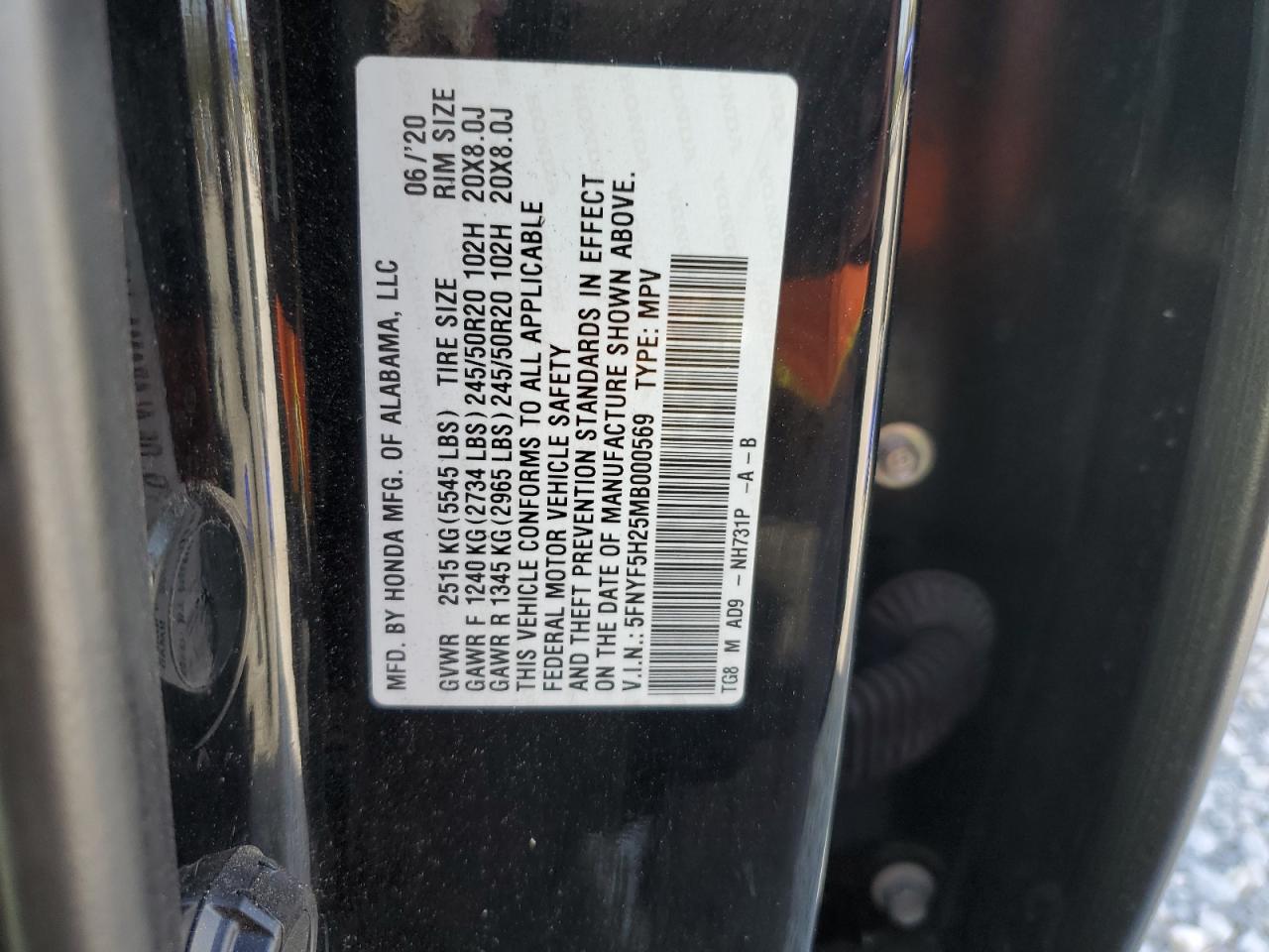 2021 Honda Pilot Se VIN: 5FNYF5H25MB000569 Lot: 84807535