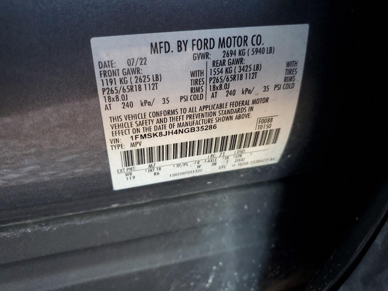 2022 Ford Explorer Timberline VIN: 1FMSK8JH4NGB35286 Lot: 82260075