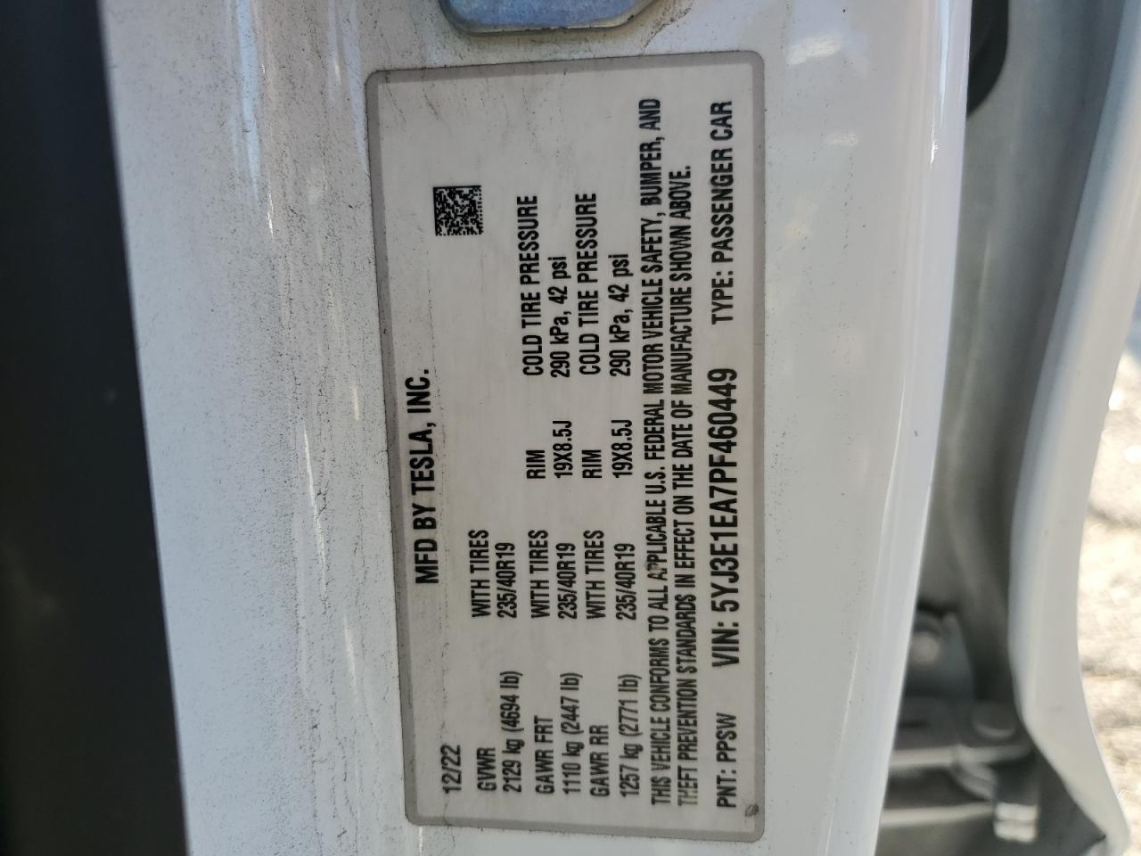 2023 Tesla Model 3 VIN: 5YJ3E1EA7PF460449 Lot: 89450865