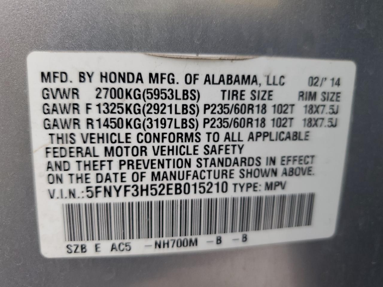 2014 Honda Pilot Exl VIN: 5FNYF3H52EB015210 Lot: 86664785