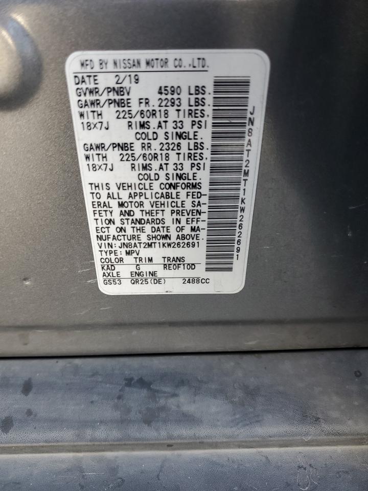 2019 Nissan Rogue S VIN: JN8AT2MT1KW262691 Lot: 85129085