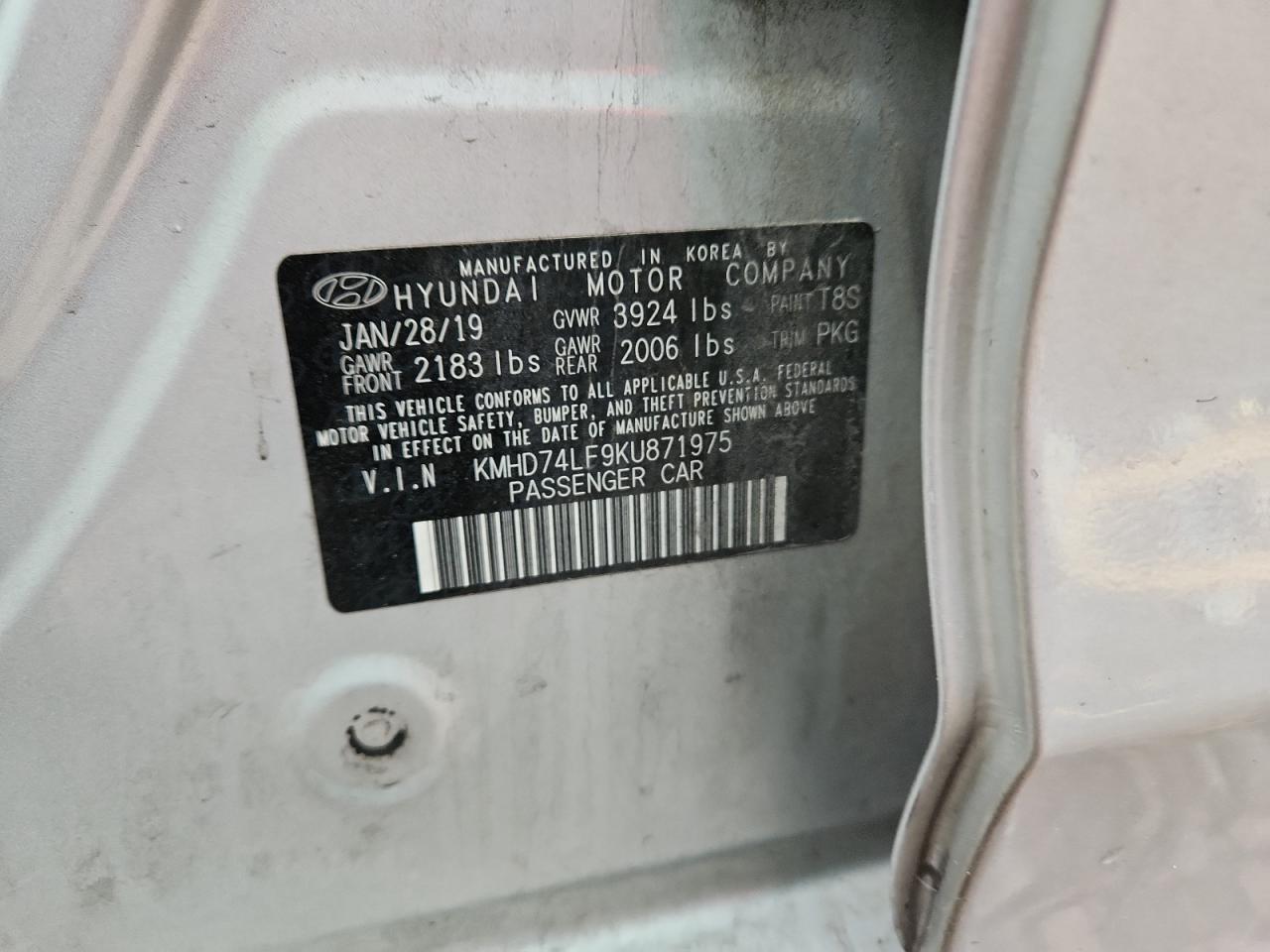 2019 Hyundai Elantra Se VIN: KMHD74LF9KU871975 Lot: 85883055