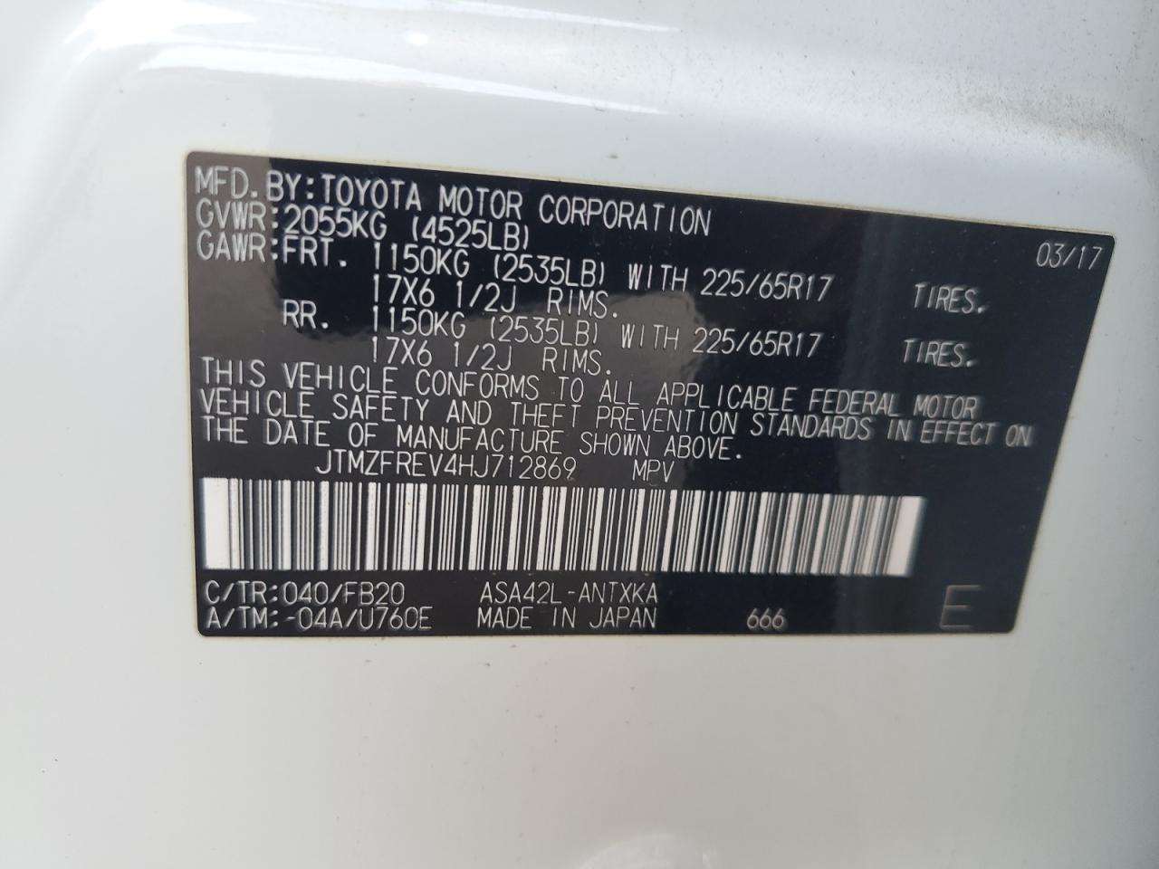 2017 Toyota Rav4 Le VIN: JTMZFREV4HJ712869 Lot: 85193185