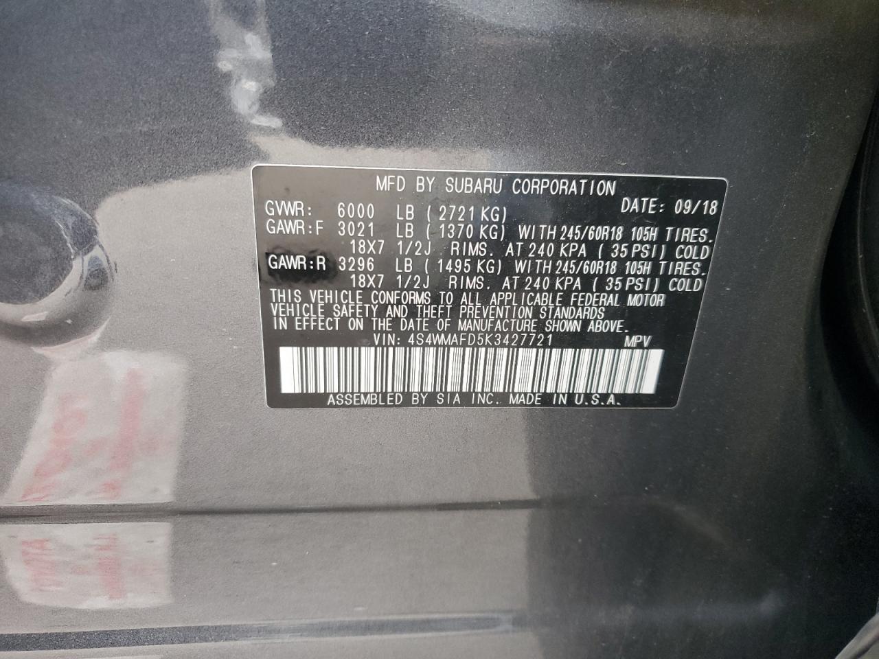 2019 Subaru Ascent Premium VIN: 4S4WMAFD5K3427721 Lot: 82372915