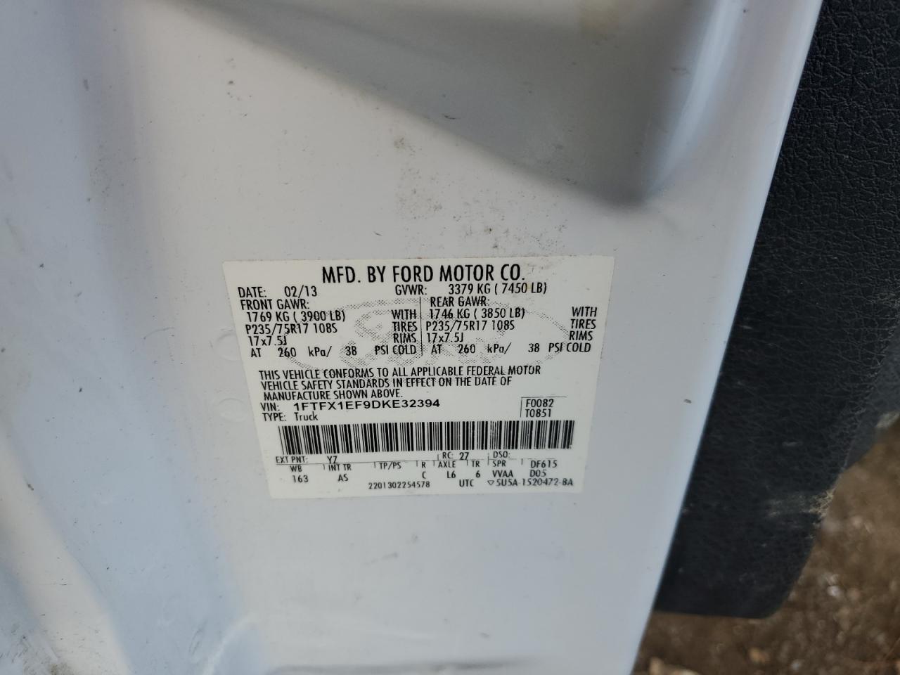 2013 Ford F150 Super Cab VIN: 1FTFX1EF9DKE32394 Lot: 89791045