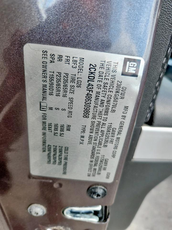 2008 Pontiac Torrent VIN: 2CKDL43F486309868 Lot: 82252885