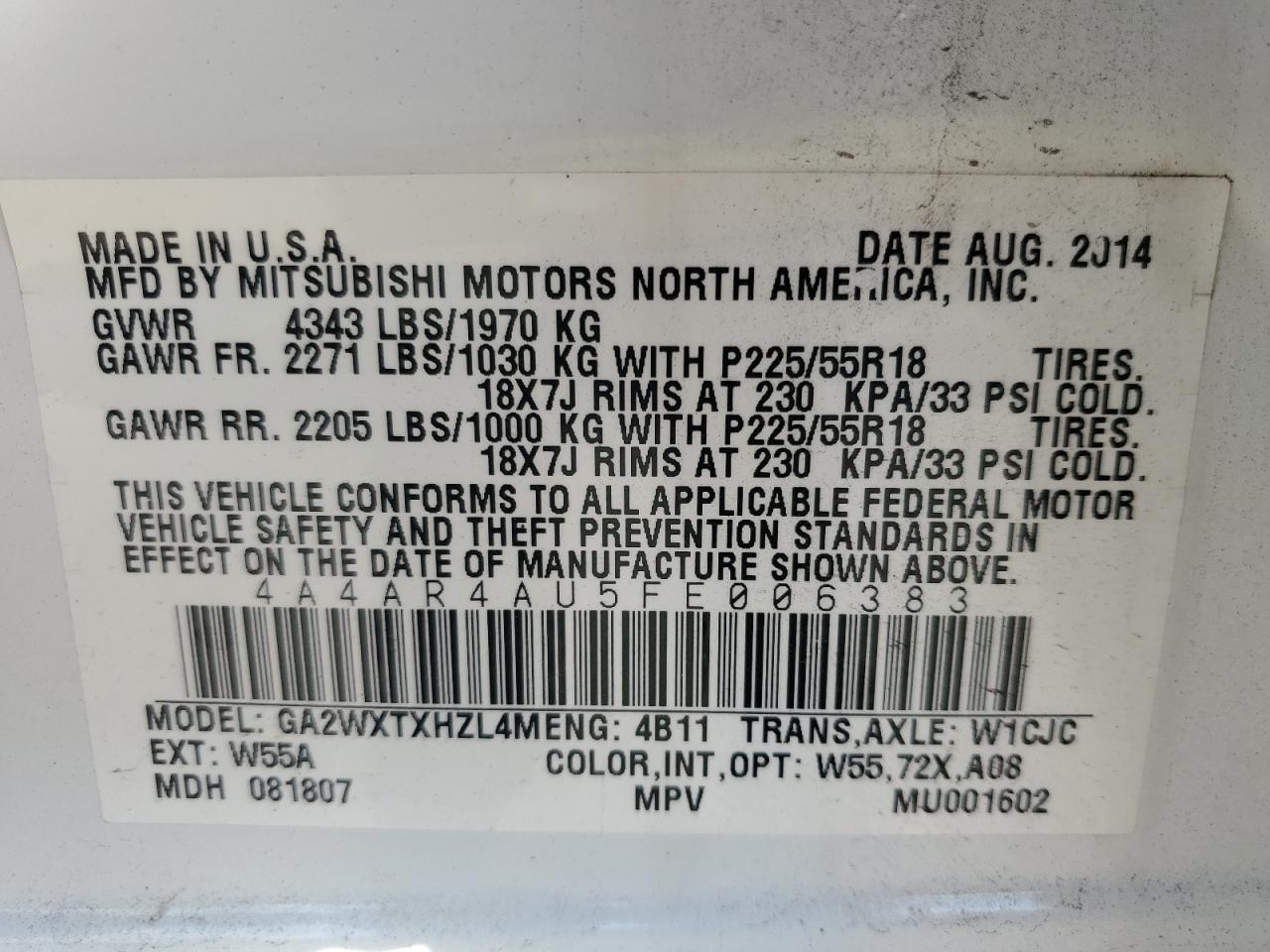 2015 Mitsubishi Outlander Sport Se VIN: 4A4AR4AU5FE006383 Lot: 84769685