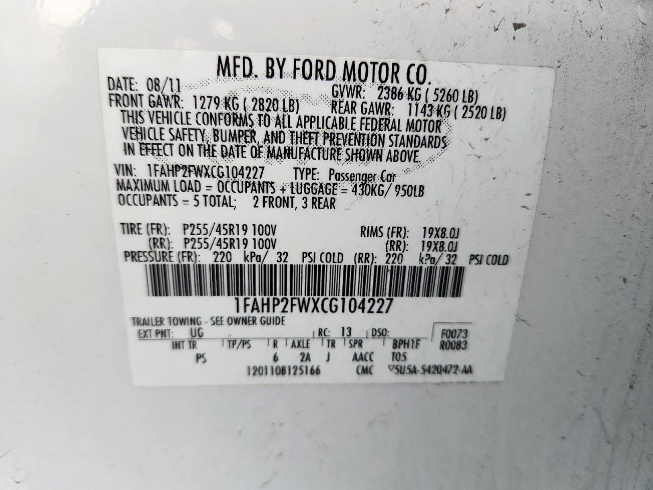 2012 Ford Taurus Limited VIN: 1FAHP2FWXCG104227 Lot: 82773165