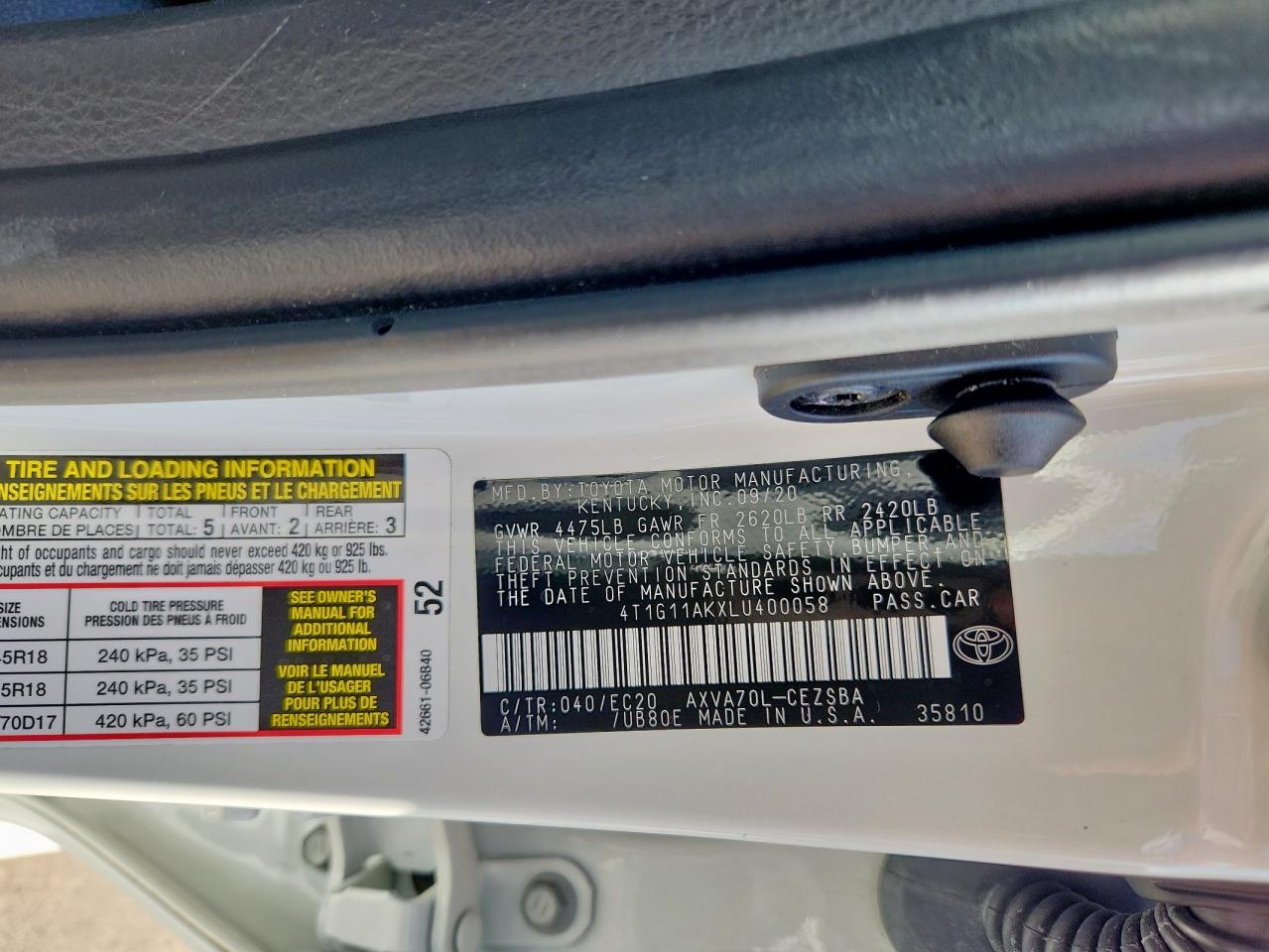 2020 Toyota Camry Se VIN: 4T1G11AKXLU400058 Lot: 84064685