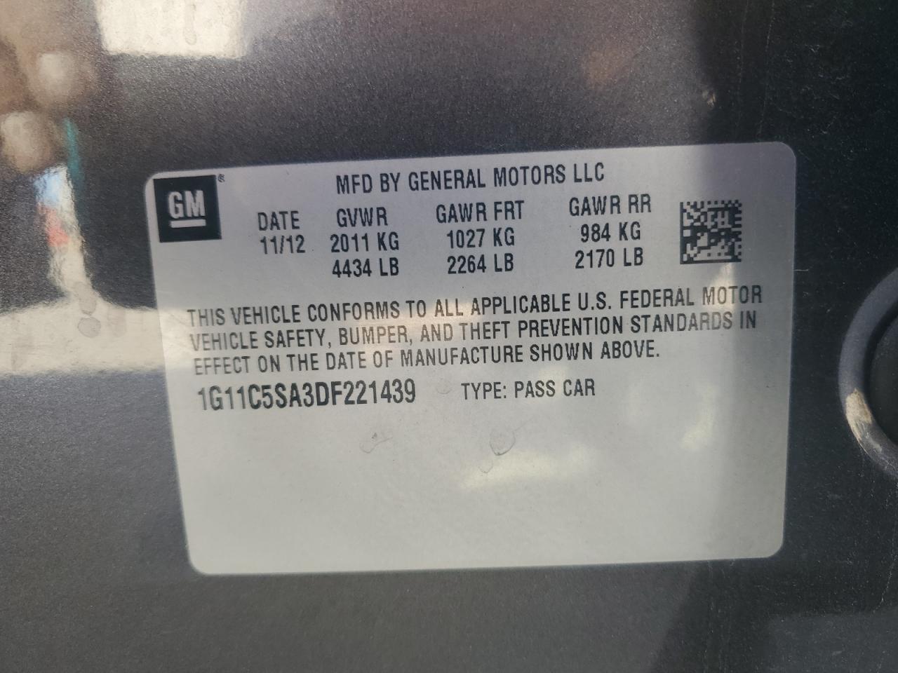 2013 Chevrolet Malibu 1Lt VIN: 1G11C5SA3DF221439 Lot: 85765645