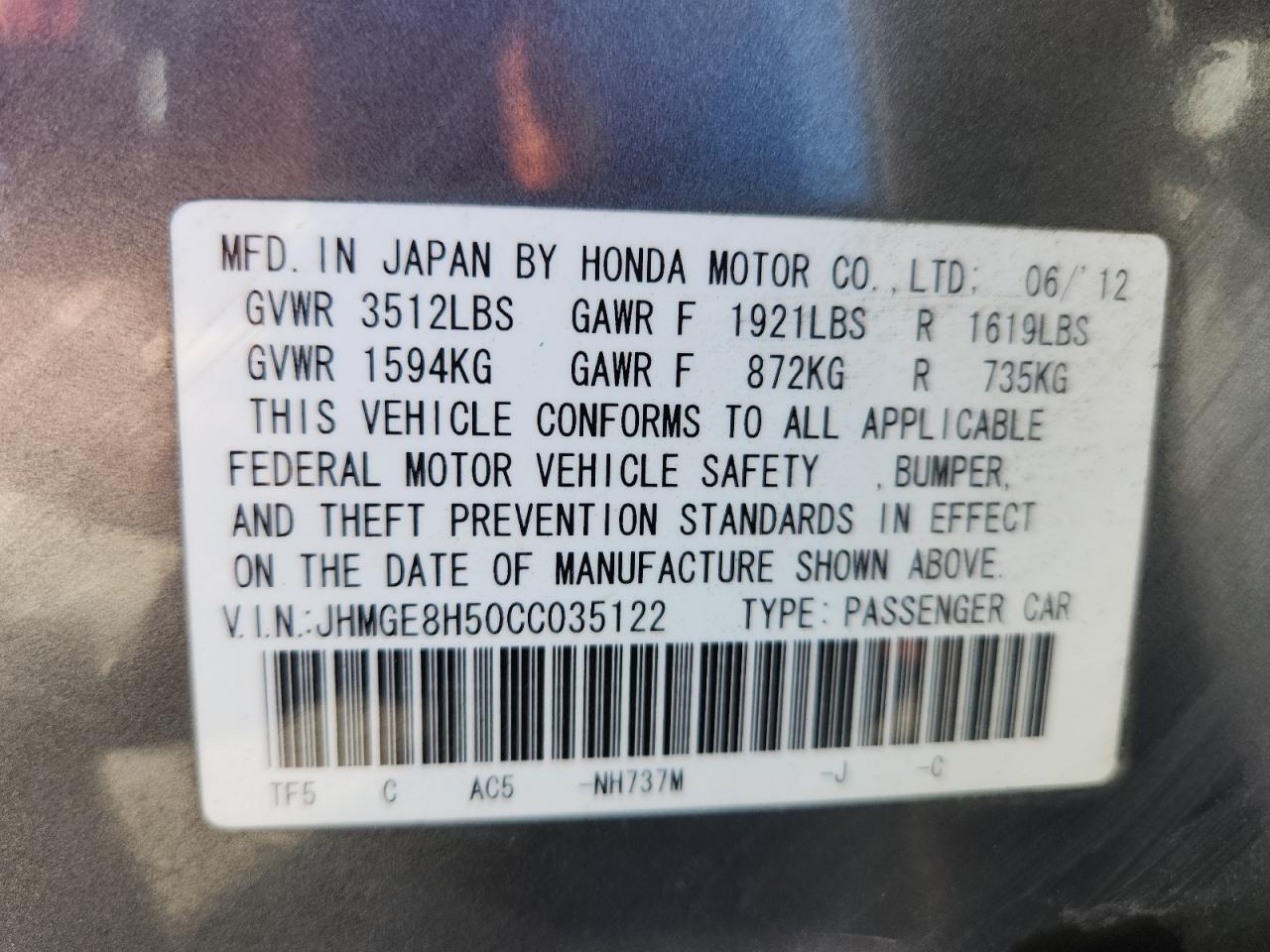 2012 Honda Fit Sport VIN: JHMGE8H50CC035122 Lot: 85189505