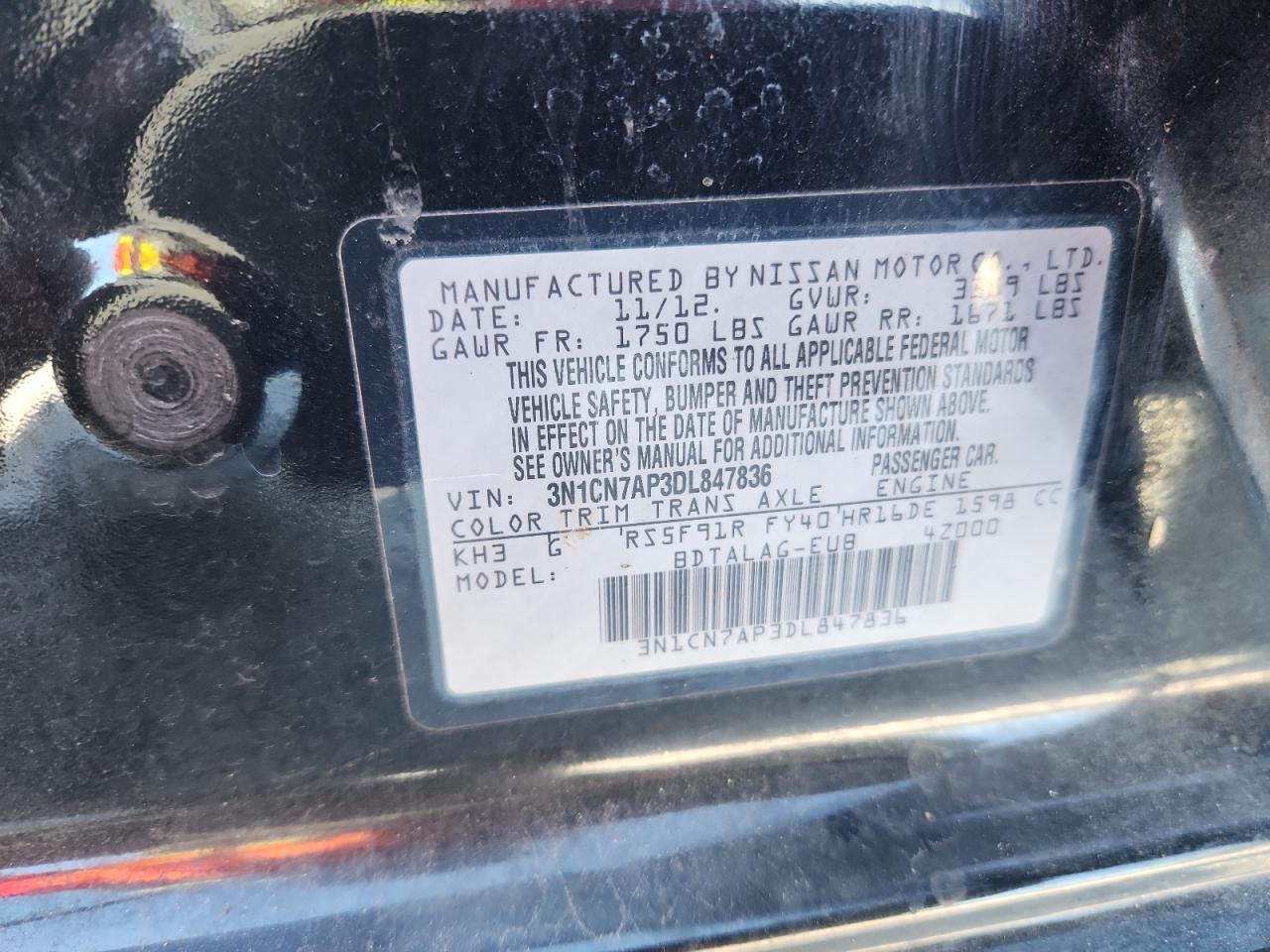 2013 Nissan Versa S VIN: 3N1CN7AP3DL847836 Lot: 82252965