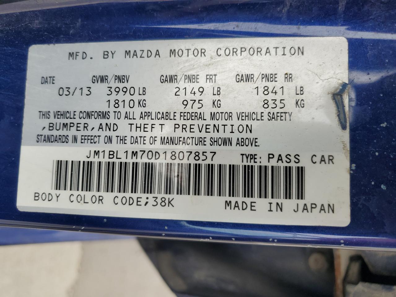 2013 Mazda 3 I VIN: JM1BL1M70D1807857 Lot: 85921865