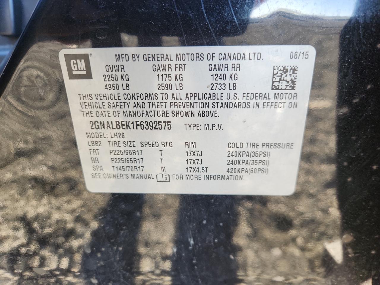 2015 Chevrolet Equinox Lt VIN: 2GNALBEK1F6392575 Lot: 87372485