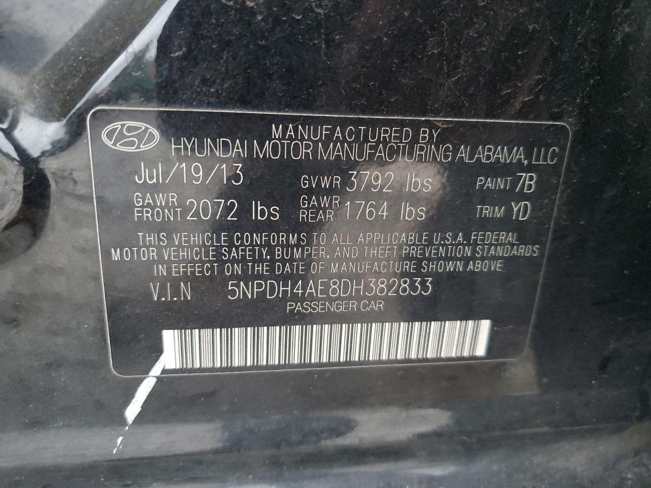 2013 Hyundai Elantra Gls VIN: 5NPDH4AE8DH382833 Lot: 82283605