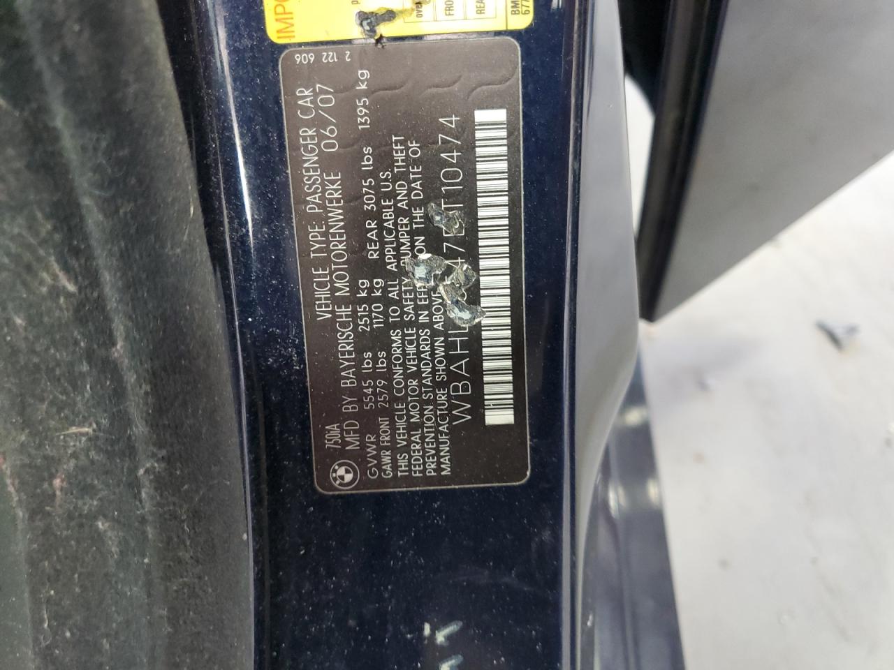 2007 BMW 750 I VIN: WBAHL83547DT10474 Lot: 87182555