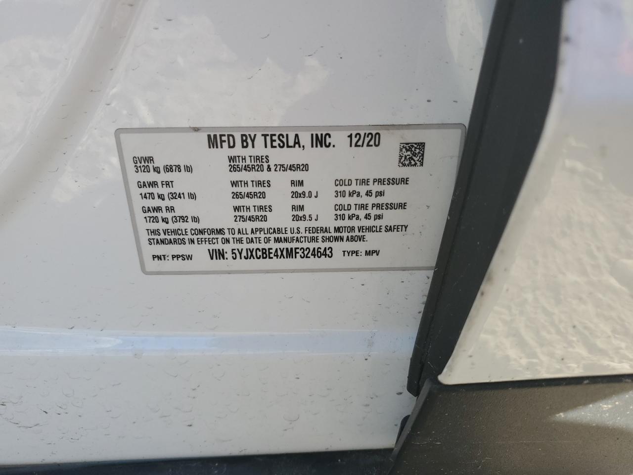 2021 Tesla Model X VIN: 5YJXCBE4XMF324643 Lot: 90622885