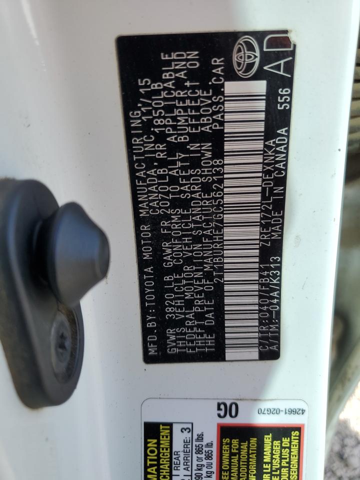 2016 Toyota Corolla L VIN: 2T1BURHE7GC562138 Lot: 85516335