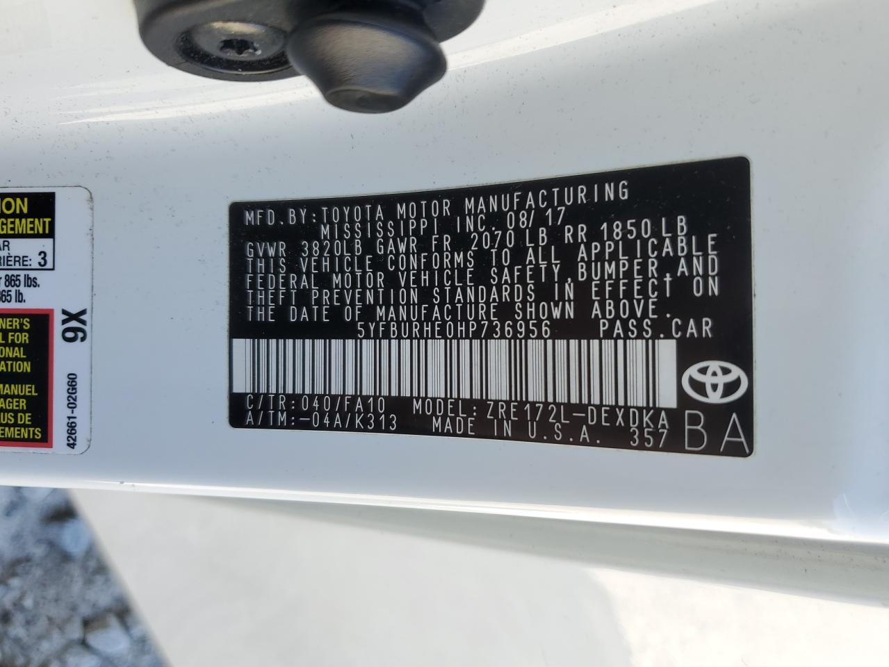 2017 Toyota Corolla L VIN: 5YFBURHE0HP736956 Lot: 87204435