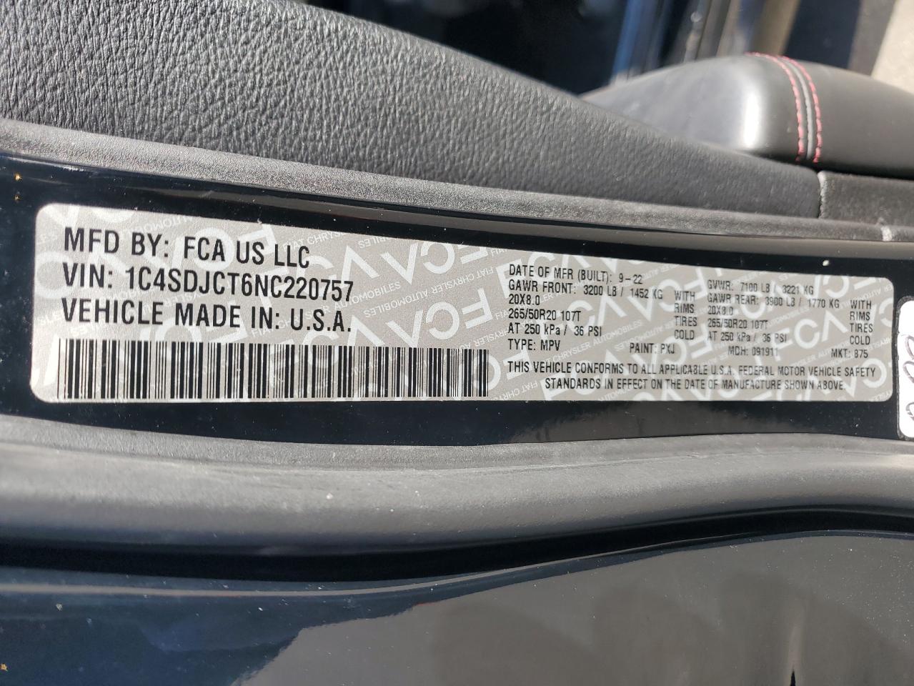 2022 Dodge Durango R/T VIN: 1C4SDJCT6NC220757 Lot: 84998075