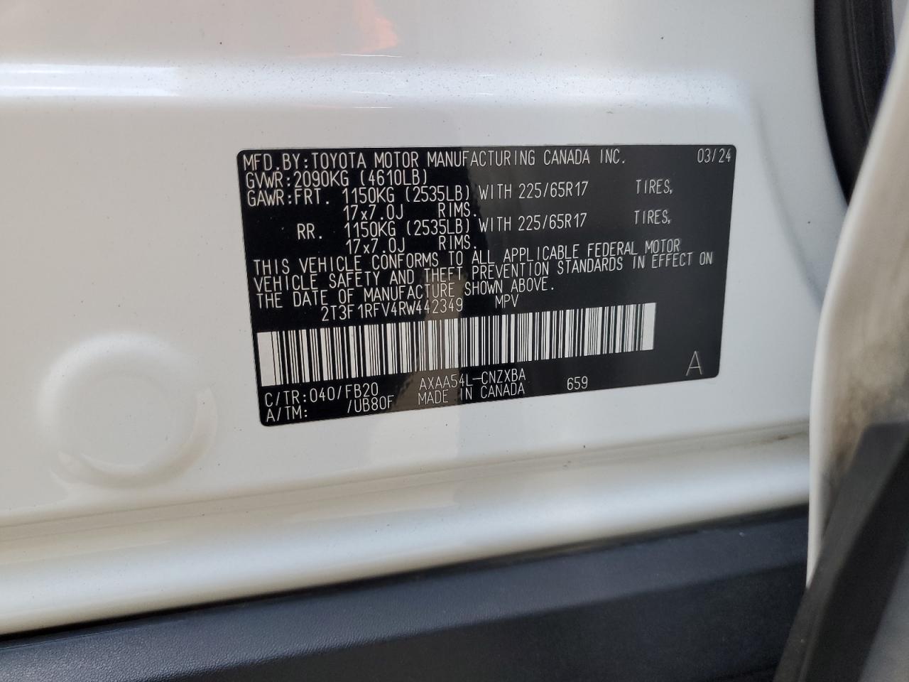 2024 Toyota Rav4 Le VIN: 2T3F1RFV4RW442349 Lot: 85174815