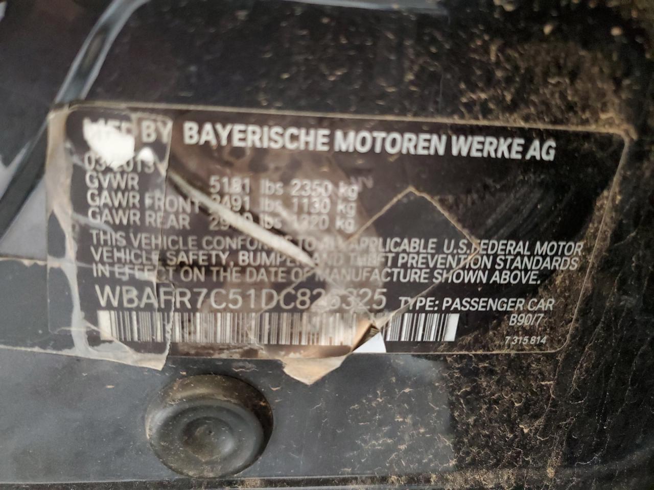 2013 BMW 535 I VIN: WBAFR7C51DC826325 Lot: 86604875