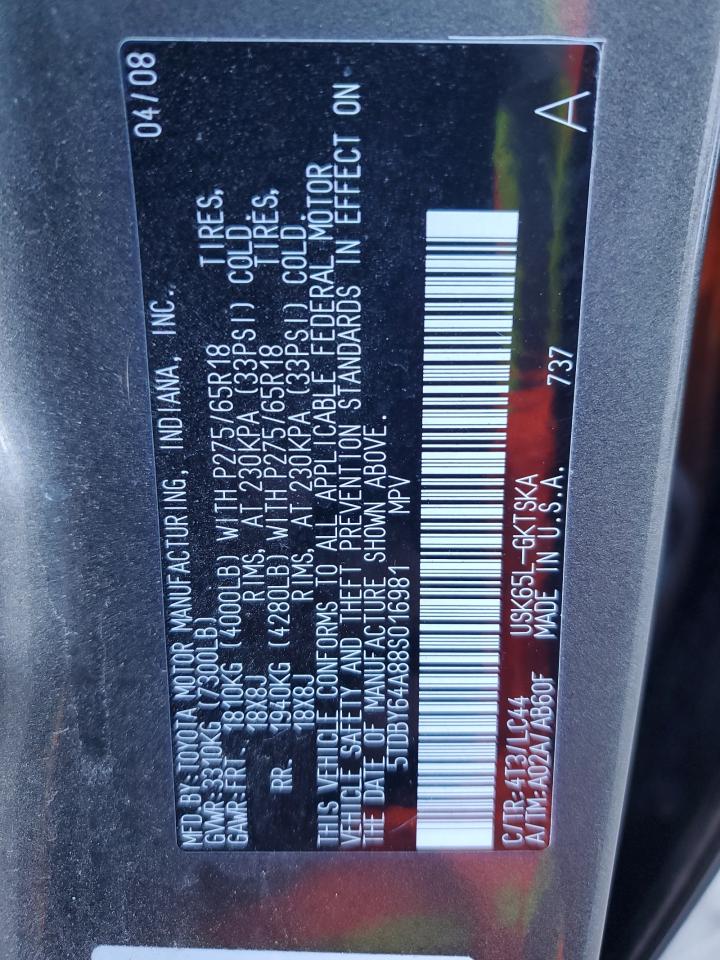 2008 Toyota Sequoia Sr5 VIN: 5TDBY64A88S016981 Lot: 87221415