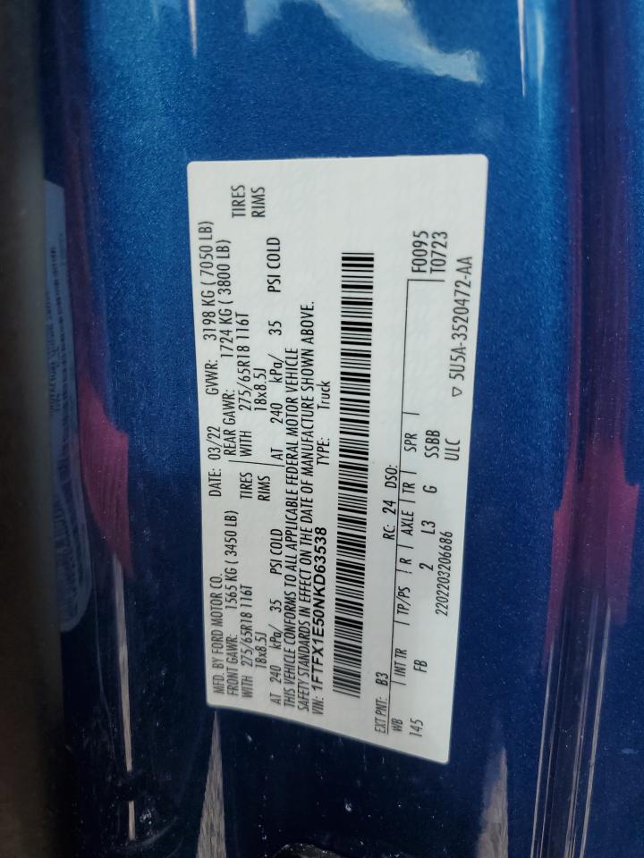 2022 Ford F150 Super Cab VIN: 1FTFX1E50NKD63538 Lot: 85926135