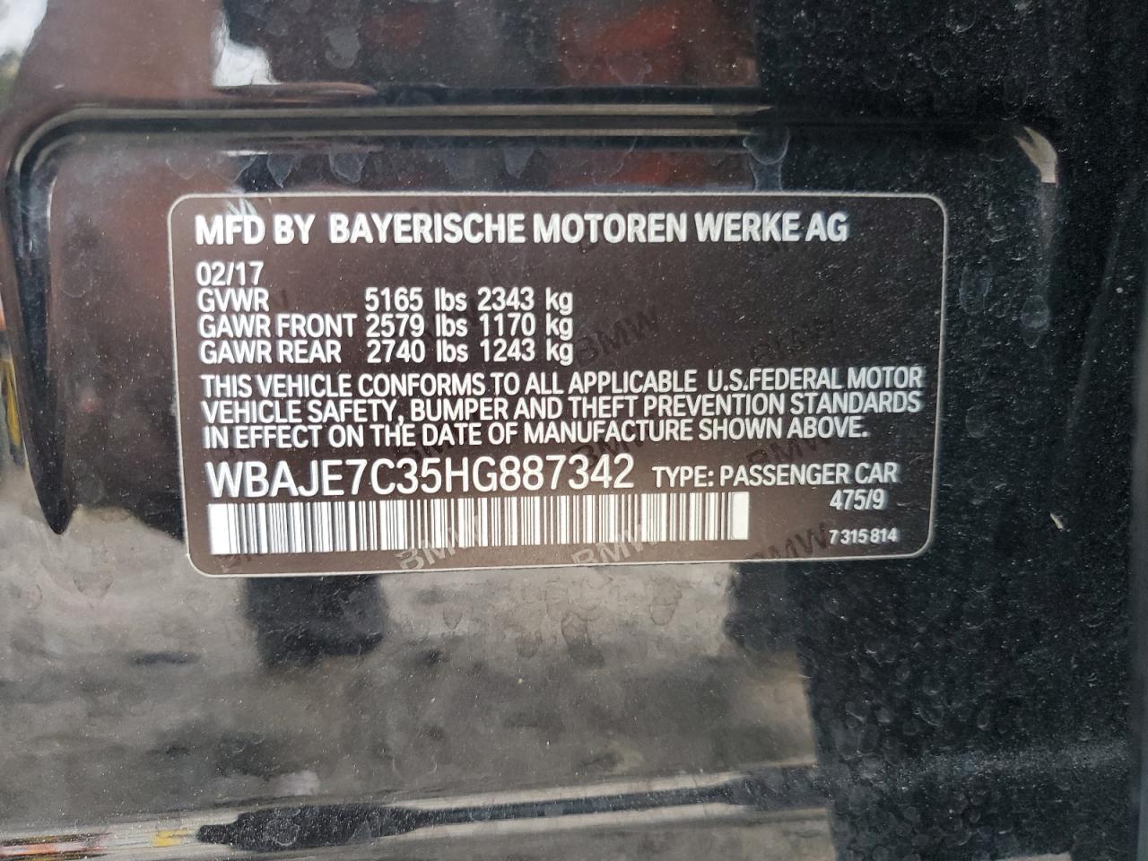 2017 BMW 540 Xi VIN: WBAJE7C35HG887342 Lot: 82242055