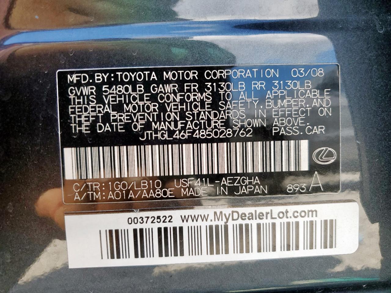 2008 Lexus Ls 460L VIN: JTHGL46F485028762 Lot: 85699355