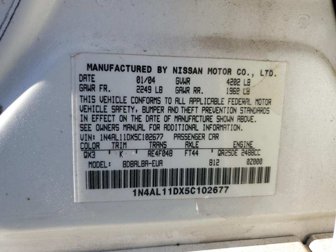 2005 Nissan Altima VIN: 1N4AL11DX5C102677 Lot: 82642715