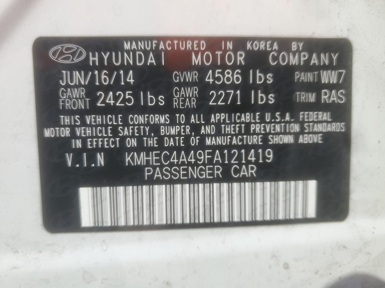 2015 Hyundai Sonata Hybrid VIN: KMHEC4A49FA121419 Lot: 84250425