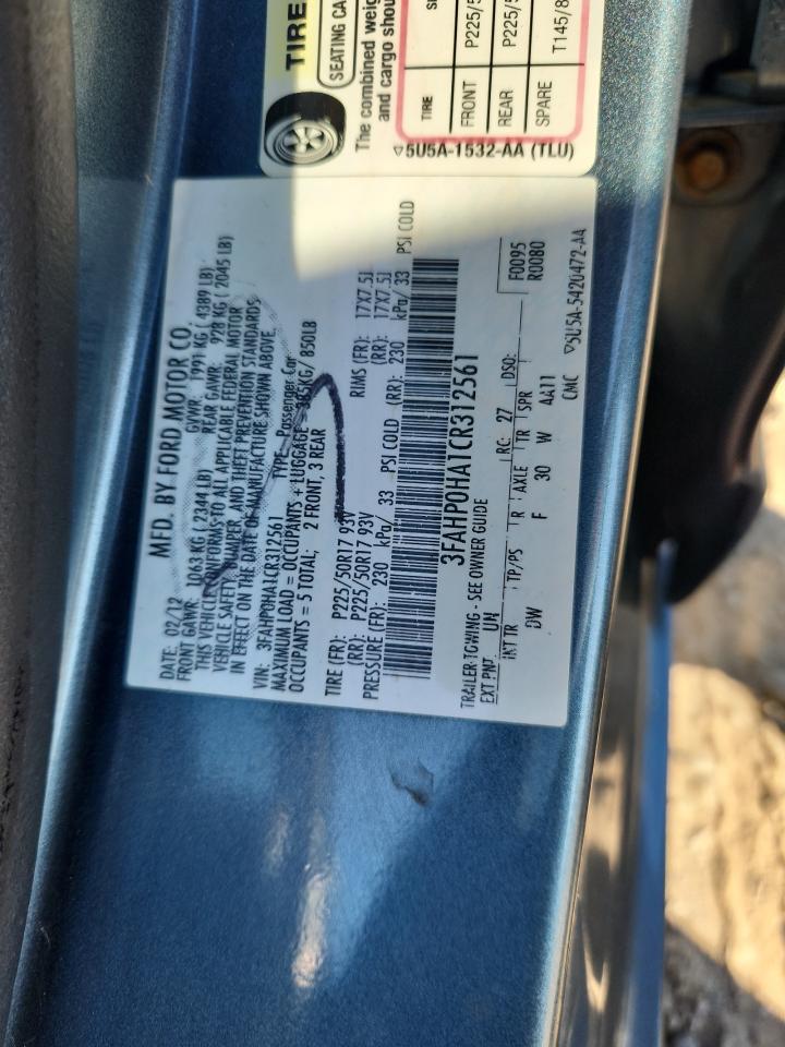 2012 Ford Fusion Se VIN: 3FAHP0HA1CR312561 Lot: 86062375