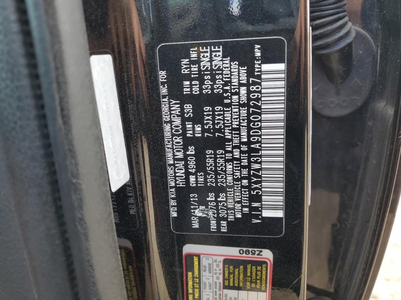 2013 Hyundai Santa Fe Sport VIN: 5XYZW3LA9DG072987 Lot: 85272635