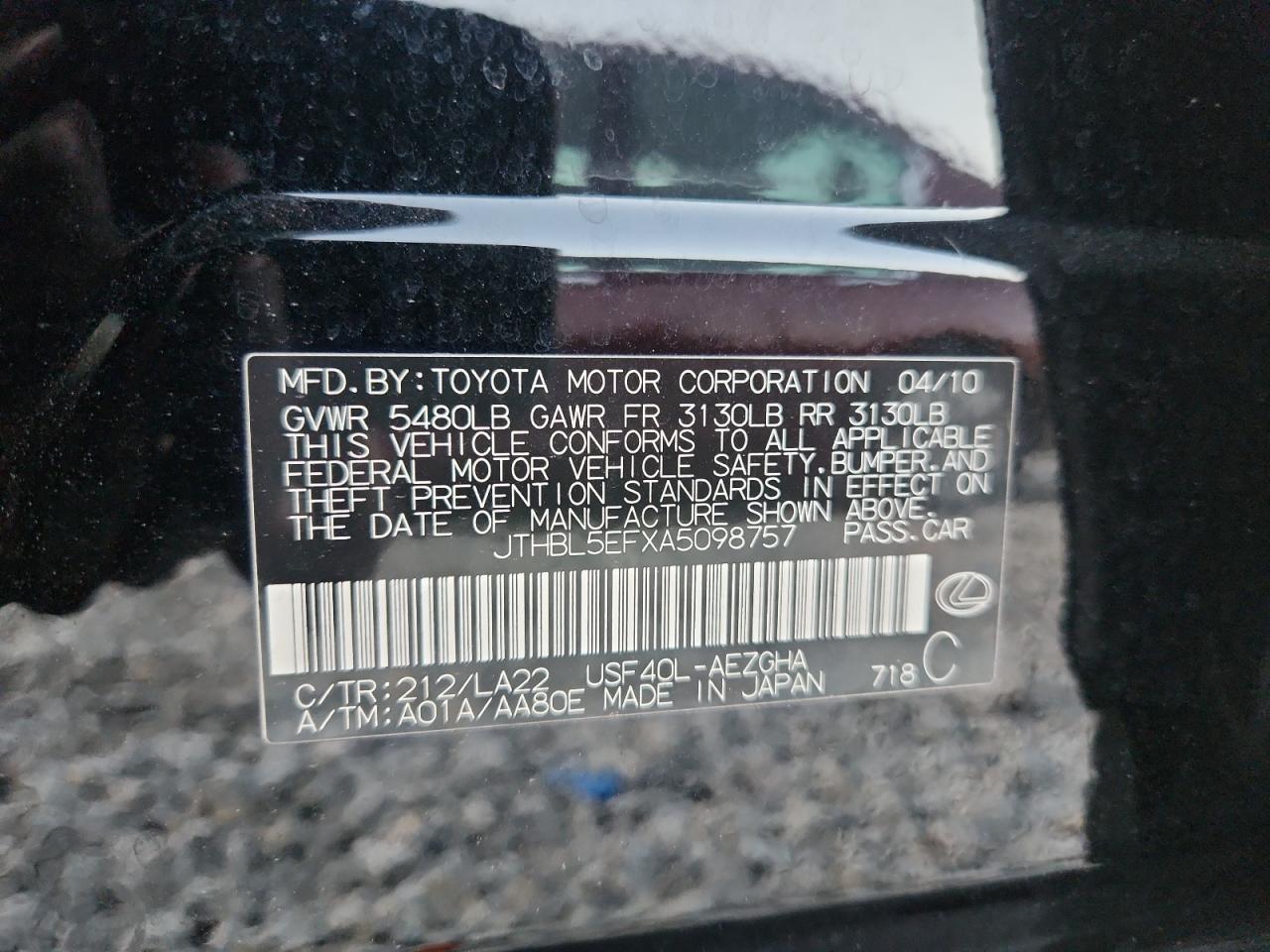 2010 Lexus Ls 460 VIN: JTHBL5EFXA5098757 Lot: 89830575