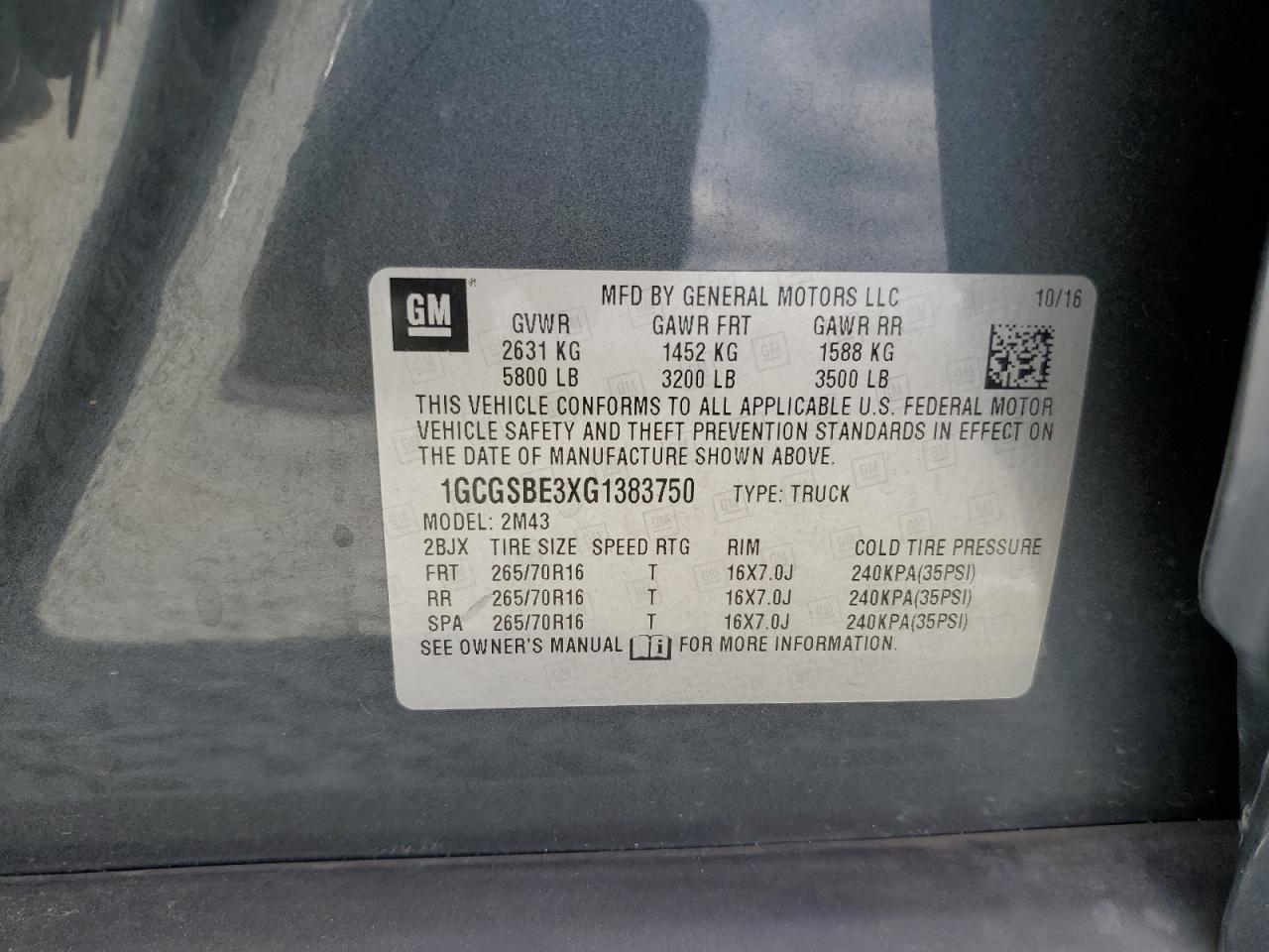 2016 Chevrolet Colorado VIN: 1GCGSBE3XG1383750 Lot: 85695965