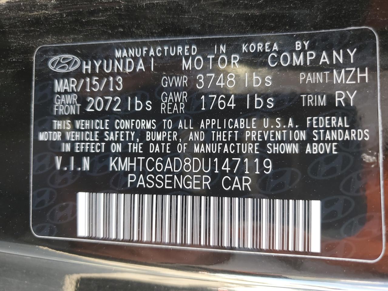 2013 Hyundai Veloster VIN: KMHTC6AD8DU147119 Lot: 82261415