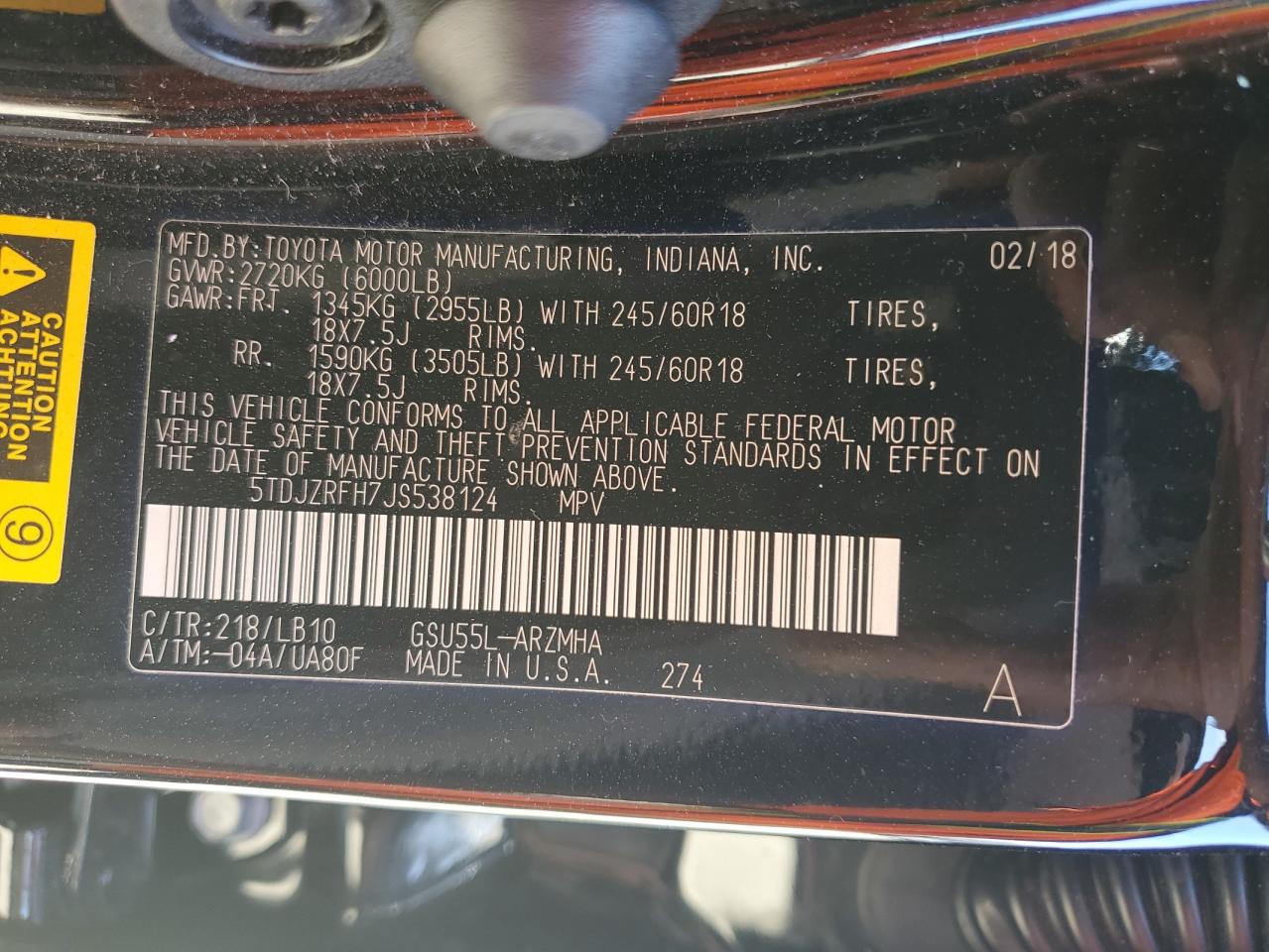 2018 Toyota Highlander Se VIN: 5TDJZRFH7JS538124 Lot: 82289125