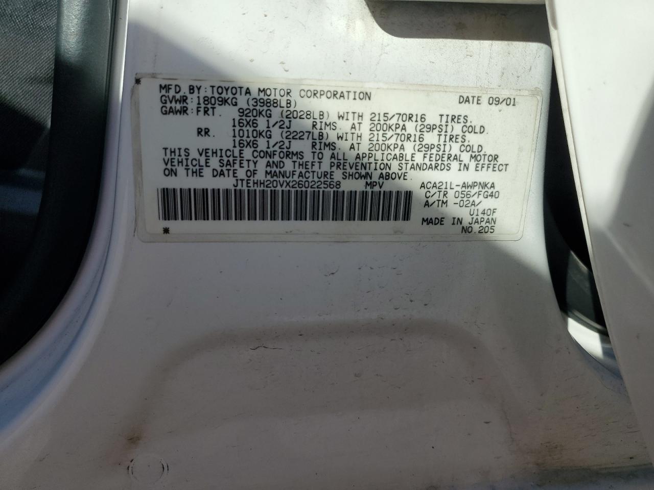 2002 Toyota Rav4 VIN: JTEHH20VX26022568 Lot: 82245495