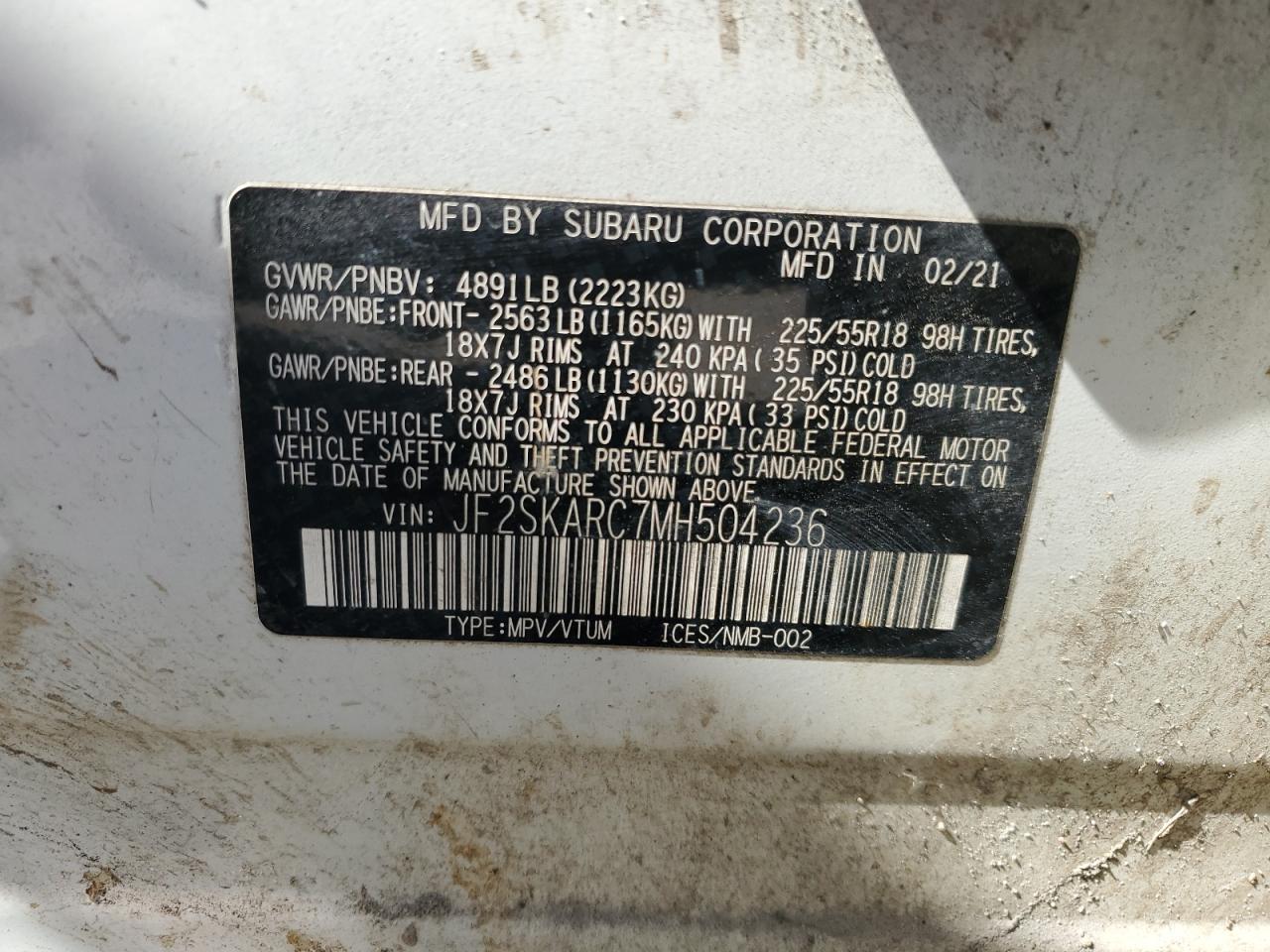 2021 Subaru Forester Sport VIN: JF2SKARC7MH504236 Lot: 87027835